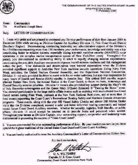 commendation letter to Joe Stern
