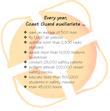 life ring with stats of what the Coast Guard auxiliary does each year