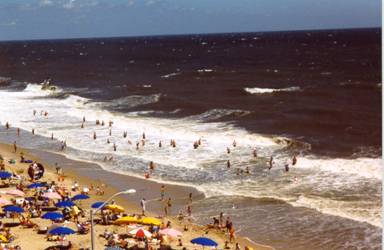 beach with breaking waves. people swimming